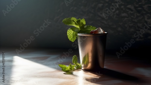 A refreshing whiskey Mint Julep cocktail in silver cup on a modern background, bright sunlight, shadows. Summer cocktail, AI generated.