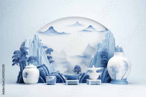 Composition of porcelain tableware in white with blue national traditional designs. Vintage Japanese tableware with painting against light color wall. Generative AI professional photo imitation.