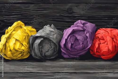 vibrant display of paper flowers arranged on a rustic wooden table