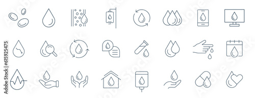 Blood icon set. Charity, Hematology, Blood Cell, Vessel, DNA, Blood Group, RH Factor, Blood Test, and blood donation line icons vector