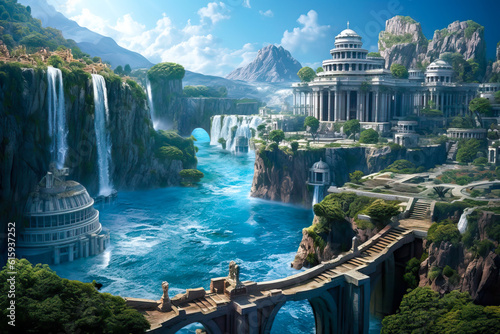 Fantasy city landscape, cliffs and waterfalls, Atlantis, white stone, coastal water island civilization.