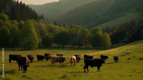 bulls and dairy cows graze on a green pasture. Generative AI