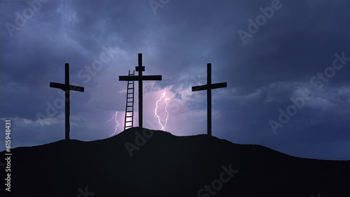 Calvary hill with cloudy sky and lightnings.