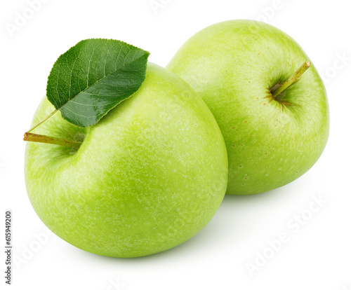Two ripe green apples with apple leaf isolated on white background. Green apples with clipping path