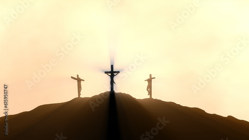 Silhouettes of three crosses with rays