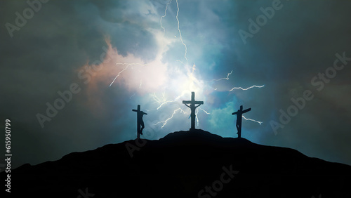 Three crosses on the Calvary in a stormy night