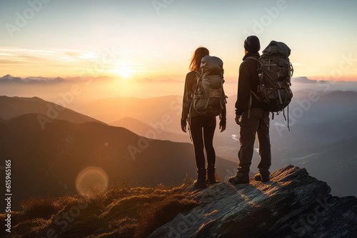 Couple of man and woman on top of mountains at sunset, hiking together, team success, freedom travel