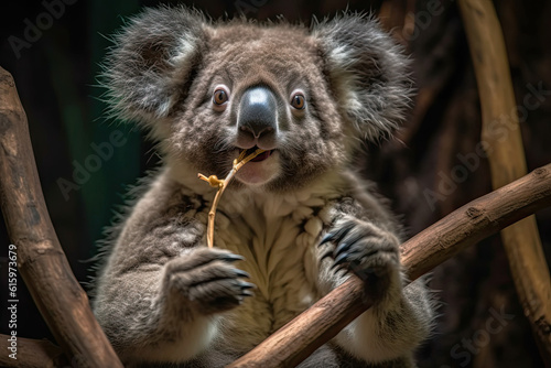 a koalai eating something out of its mouth, taken from behind the tree branch in an enclosure at melbourne zoo