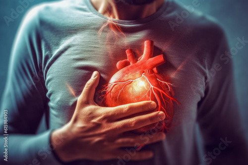 Abstract image of a man with chest pain. Health concept. Background with selective focus and copy space. AI generated