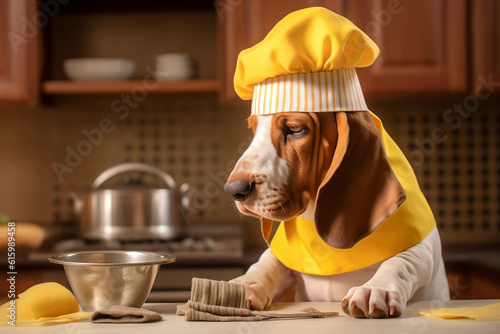 A brown and white Basset Hound dog wearing a white chef's hat stands on a kitchen countertop, prepping food for cooking