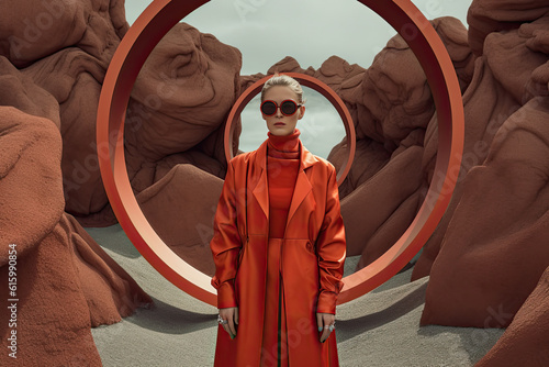 a woman in an orange coat and sunglasses, standing in front of a circular frame with rocks on the background