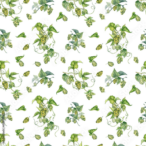 Hop vine, plant humulus watercolor seamless pattern isolated on white background. Hop on brunch with leaves, hop cones hand drawn. Design element for wrapping, label, packaging, paper, textile