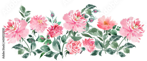 Border garden flowers watercolor, garden roses background. Pink peony frame.