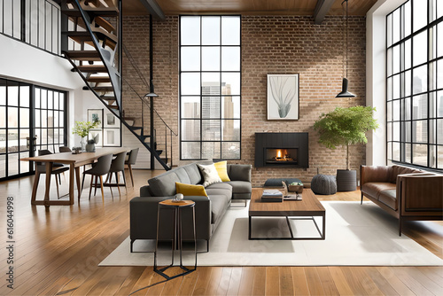 Interior design of an industrial chic living room that incorporates exposed bricks, metal finishes, wooden elements, and vintage machinery-inspired decor with a touch of luxury | Generative AI