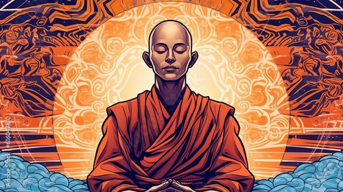 Buddhist monk meditating . Fantasy concept , Illustration painting.