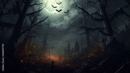 Spooky Halloween in the haunted forest graveyard with bats and scary trees. Happy Halloween Background. Generative AI