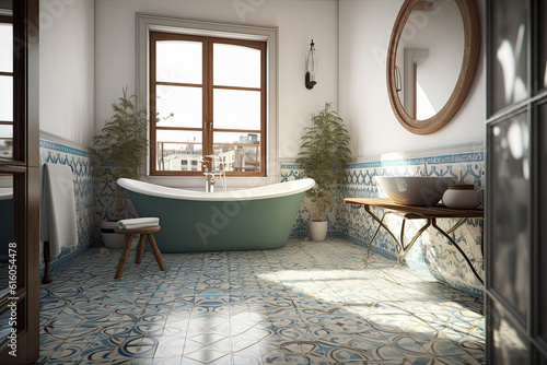 baño lujoso clasico con bañera antigua en tonos blancos y verdes y madera l, ilustracion de ia generativa