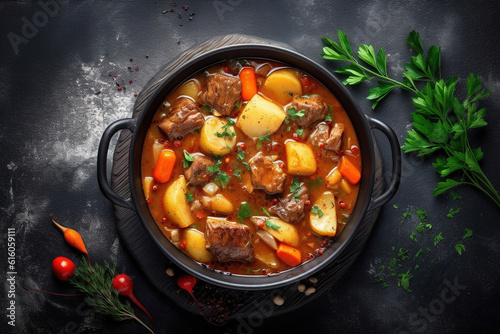 Hearty beef stew served in a rustic setting, viewed from above