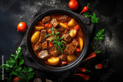 Top view of a black casserole pot filled with a rich beef stew, featuring potatoes and carrots in savory gravy, garnished with bay leaves and served with a spoon
