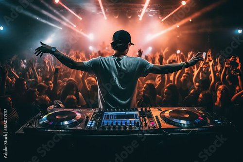 A dj mixinPhoto of a DJ performing a live set in front of an enthusiastic audience
