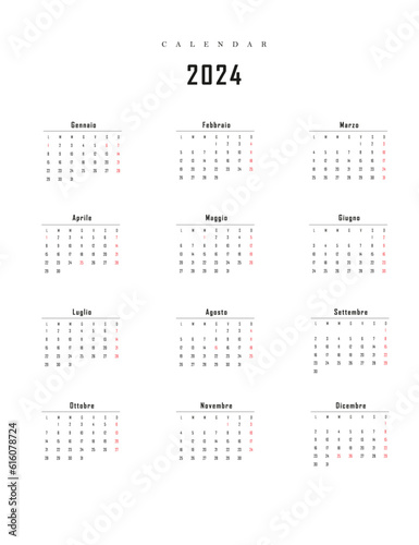 2024 calendar minimalist on Italian language with italian holidays. 