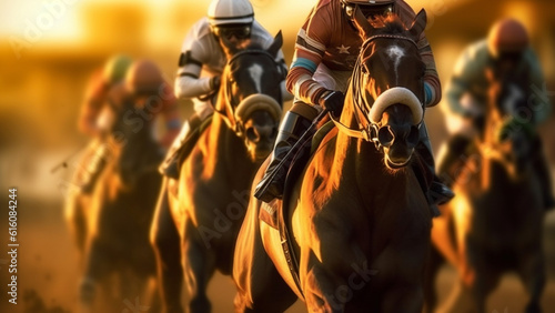 Traditional European sport. Horse jockeys racing down the track during sunset.