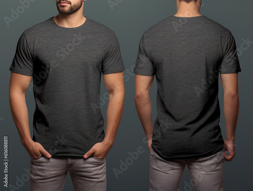 Photo realistic male grey t-shirts with copy space, front, and back view