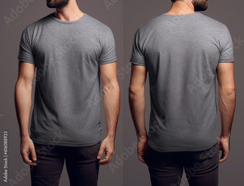 Photo realistic male grey t-shirts with copy space, front, and back view