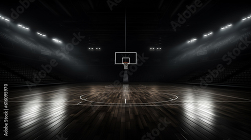 Basketball going through the basket on black backgorund, detail shot. Generative AI