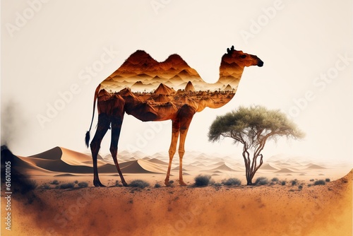 Camel abstract artwork in double exposure of sahara desert, animal art with sand landscape as dromedary with nature background concept. Superb Generative AI.