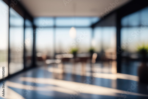 Beautiful blurred background of a light modern office interior with panoramic windows and beautiful lighting.