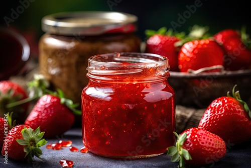 Homemade strawberry jam in a jar surrounded by fresh strawberries. Generative Ai