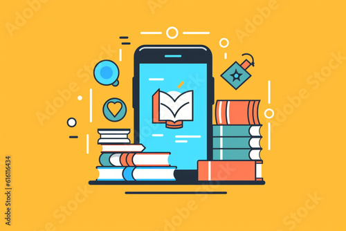 illustration of smartphone ans books, education concept