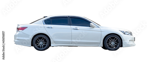 Luxurious white sedan sports car isolated on white background with clipping path in png file format