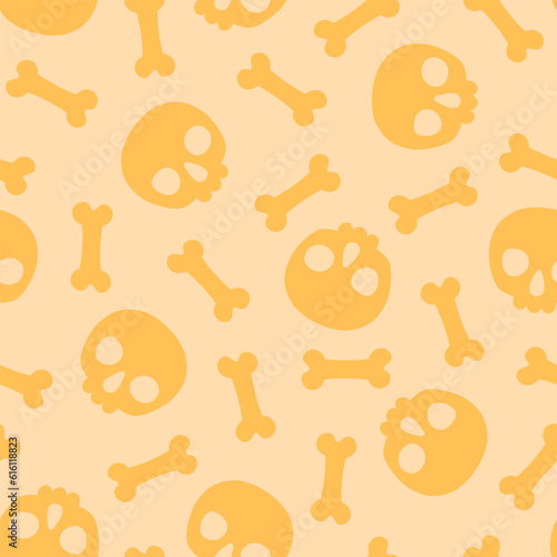 Beige seamless pattern with halloween skull and bones