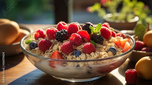 Gesundes Obst und Hafeflocken in einer Schüssel morgens auf dem Frühstückstisch, generative AI 