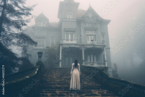 Ghost a victorian woman and old haunted mansion. Horror house