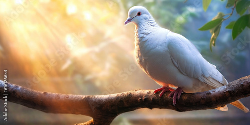 Holy Spirit white dove resting on a tree branch with blurred background and sunlight ray effects Generative AI Illustration