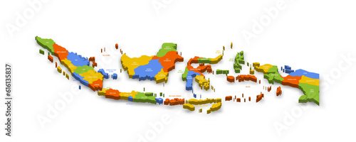 Indonesia political map of administrative divisions - provinces and special regions. Colorful 3D vector map with country province names and dropped shadow.