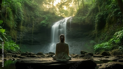 Woman meditating in yoga pose, near a waterfall with an emphasis on tranquility, mindfulness, and relaxation, Generative AI 