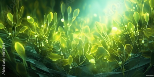 Abstract representation of photosynthesis with bright green chloroplasts colorful light rays, concept of Biological processes, created with Generative AI technology