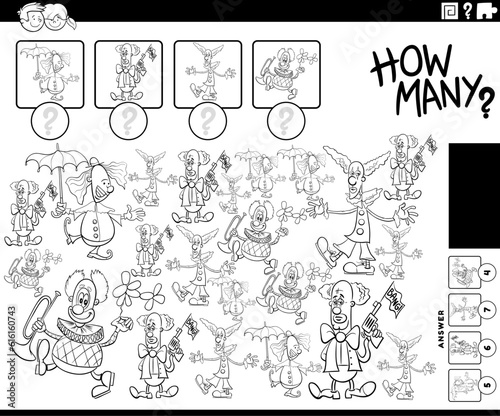 how many cartoon clowns counting activity coloring page