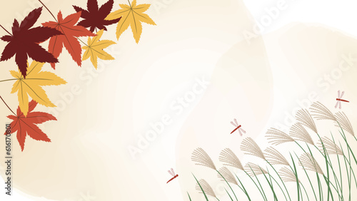 紅葉とススキととんぼがモチーフの和風の水彩風背景イラストフレーム