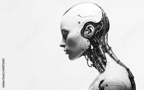 Side profile photograph of a beautiful female android AI robot.