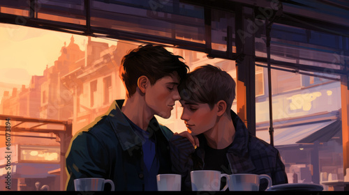 Illustration of a couple of gay men about to kiss in a coffee shop