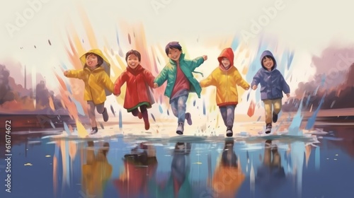 Kids wearing colorful raincoats jump in puddles. (Illustration, Generative AI)