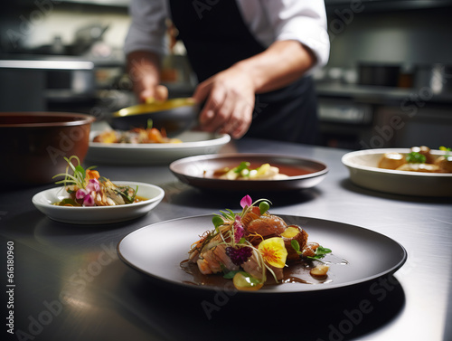 gourmet dish being prepared in a high-end restaurant kitchen