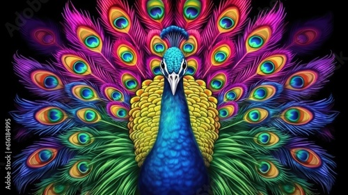 A rainbow colored peacock on black. (Illustration, Generative AI)