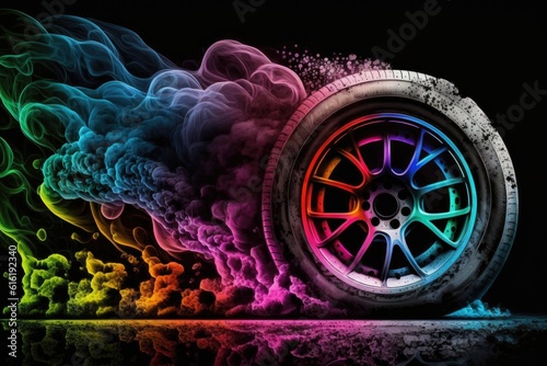 Car wheel with colorful smoke on black background