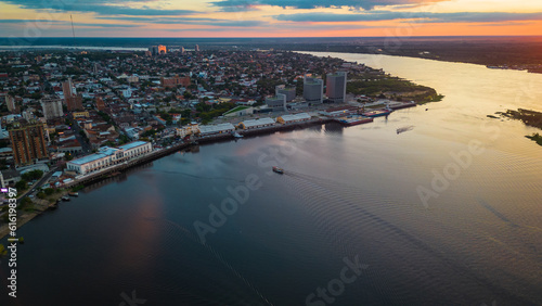 Aerial Drone Fly Above Asuncion City Waterfront in Paraguay, Daylight Cityscape Panorama of South American River